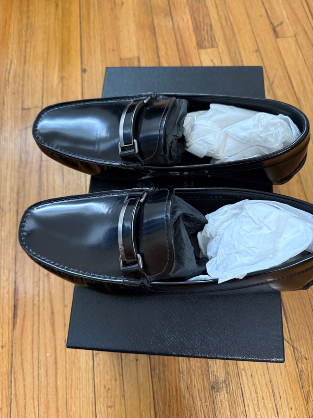 Prada Black Leather Slip-On Loafers with Silver Metal Bit - Picture 4 of 5